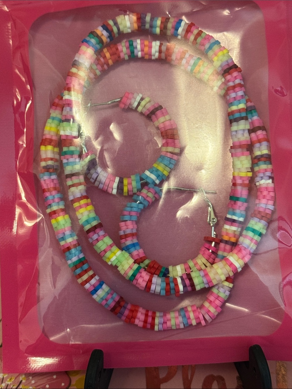 Bright boho Multicolor Bead Necklace and Hoop Earring Set - Women Jewelry